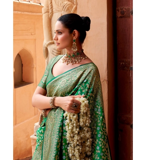 Generic Women's Silk Printed Saree With Unstitched Blouse 5.5Mtr (Green)
