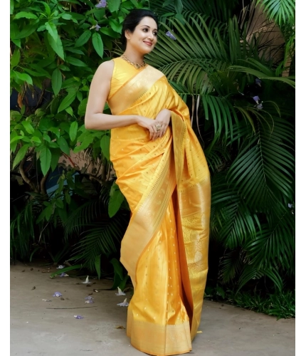 Generic Women's Silk Printed Saree With Unstitched Blouse 5.5Mtr (Yellow)