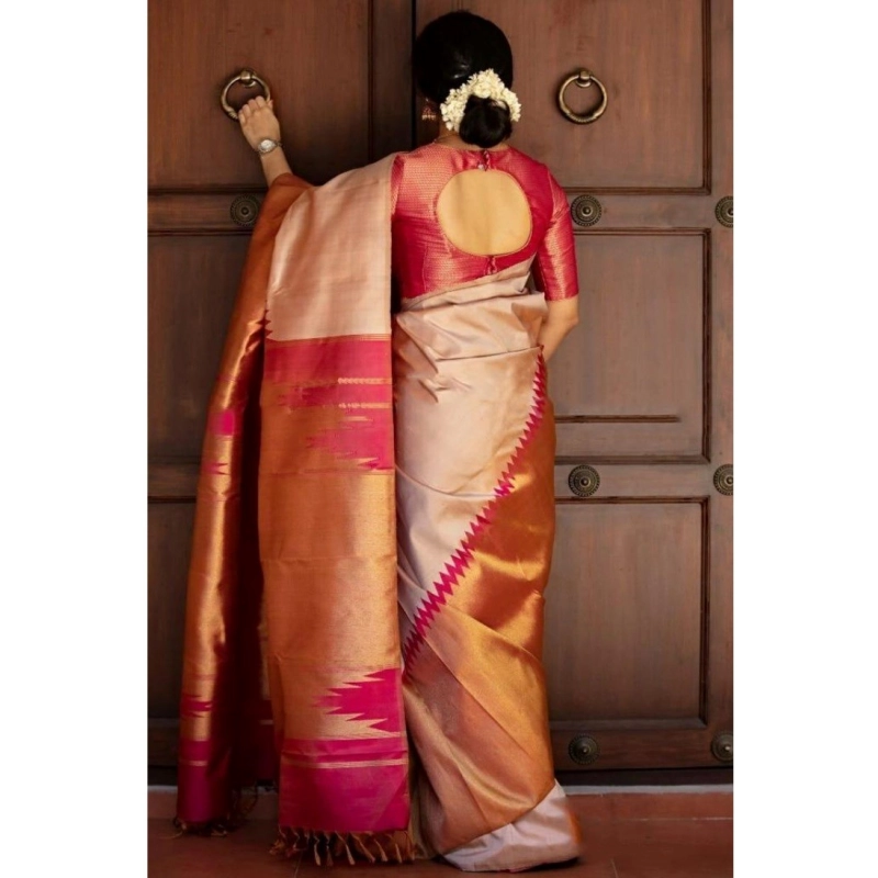 Women's Silk Printed Saree With Unstitched Blouse 5.5Mtr (Cream)