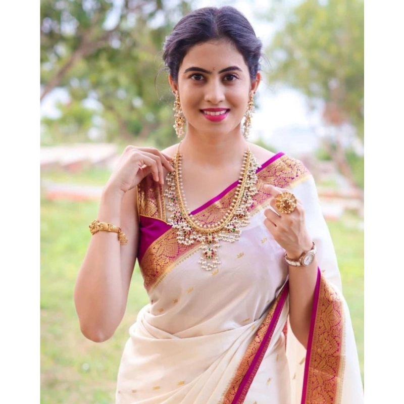 Women's Silk Printed Saree With Unstitched Blouse 5.5Mtr (White)