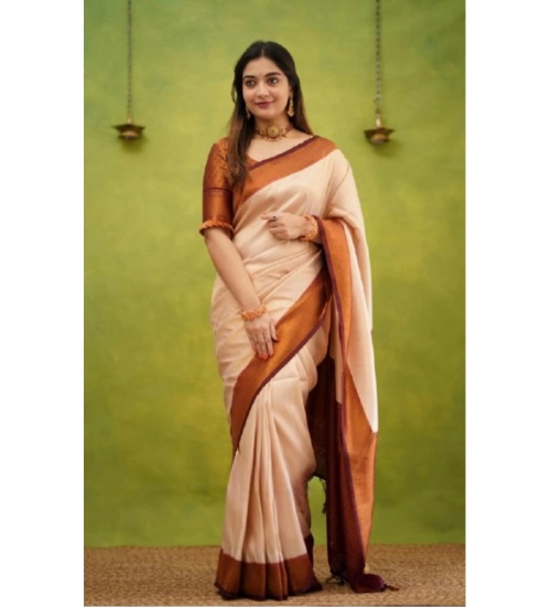 Generic Women's Silk Printed Saree With Unstitched Blouse 5.5Mtr (Cream)