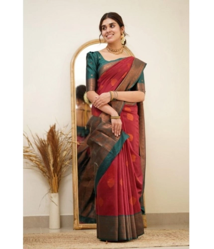 Generic Women's Silk Printed Saree With Unstitched Blouse 5.5Mtr (Red)