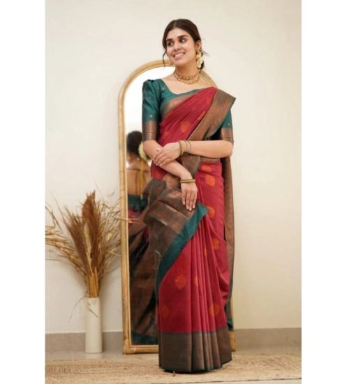 Generic Women's Silk Printed Saree With Unstitched Blouse 5.5Mtr (Red)