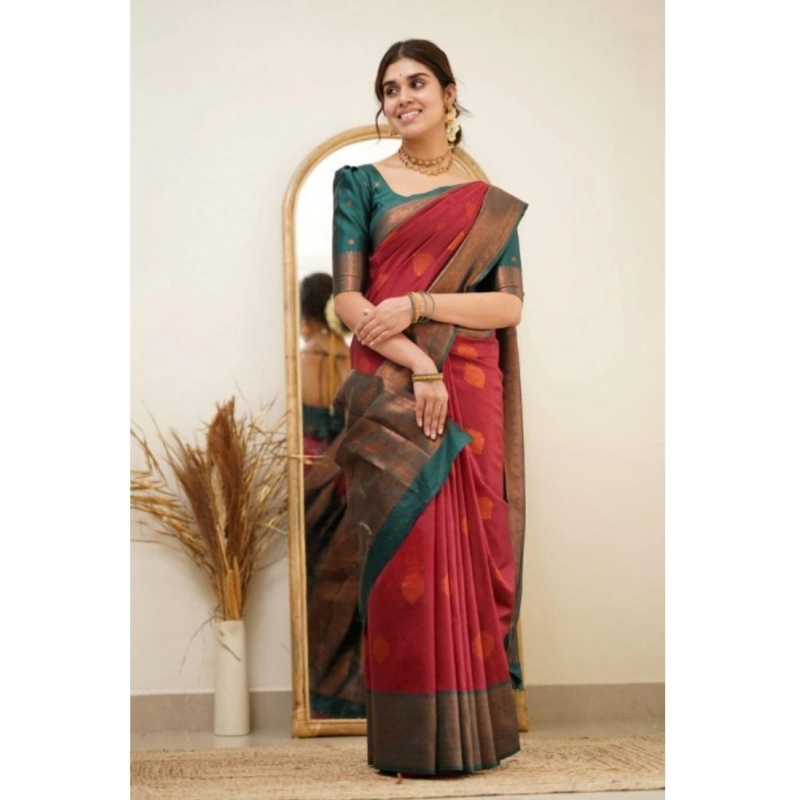 Women's Silk Printed Saree With Unstitched Blouse 5.5Mtr (Red)