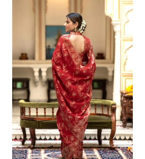 Generic Women's Silk Printed Saree With Unstitched Blouse 5.5Mtr (Red)