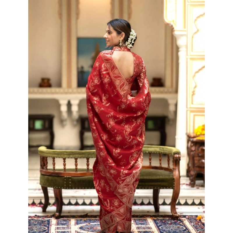 Women's Silk Printed Saree With Unstitched Blouse 5.5Mtr (Red)