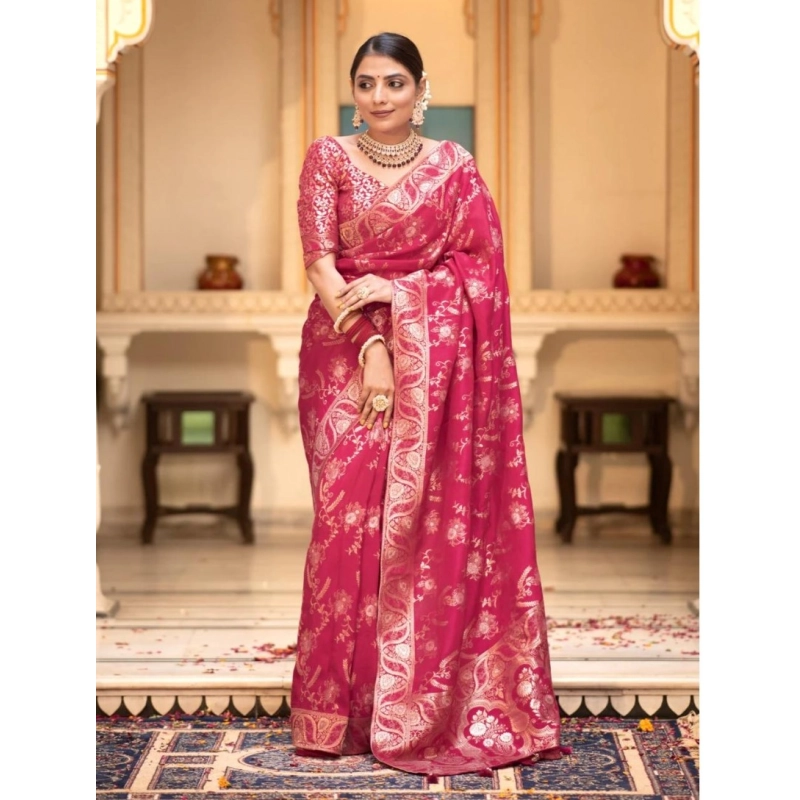 Women's Silk Printed Saree With Unstitched Blouse 5.5Mtr (Pink) Women's Silk Printed Saree With Unstitched Blouse 5.5Mtr (Pink)