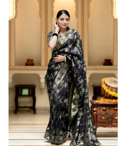 Generic Women's Silk Printed Saree With Unstitched Blouse 5.5Mtr (Black)