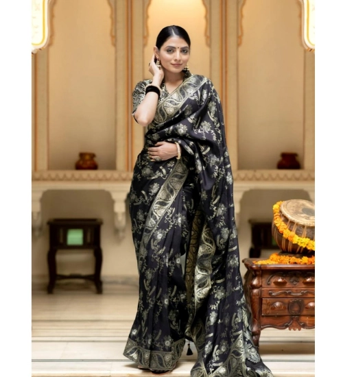 Generic Women's Silk Printed Saree With Unstitched Blouse 5.5Mtr (Black)