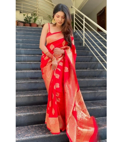 Generic Women's Silk Printed Saree With Unstitched Blouse 5.5Mtr (Red)