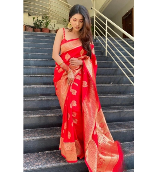 Generic Women's Silk Printed Saree With Unstitched Blouse 5.5Mtr (Red)