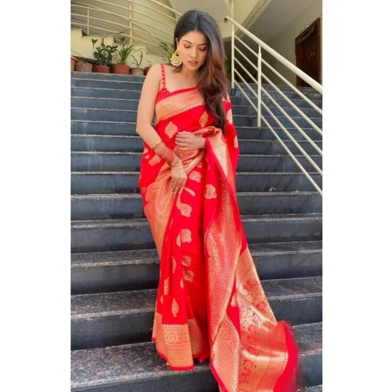 Women's Silk Printed Saree With Unstitched Blouse 5.5Mtr (Red)
