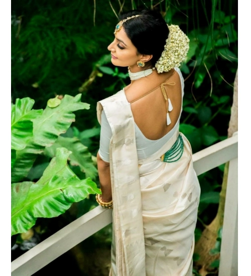 Generic Women's Silk Printed Saree With Unstitched Blouse 5.5Mtr (White)