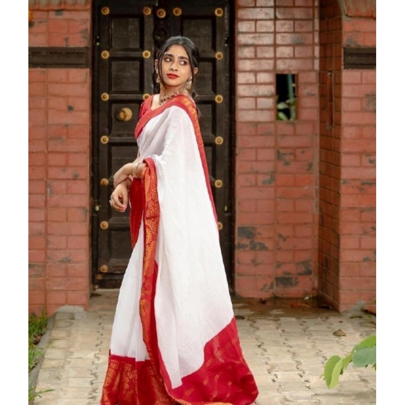 Women's Silk Printed Saree With Unstitched Blouse 5.5Mtr (White)