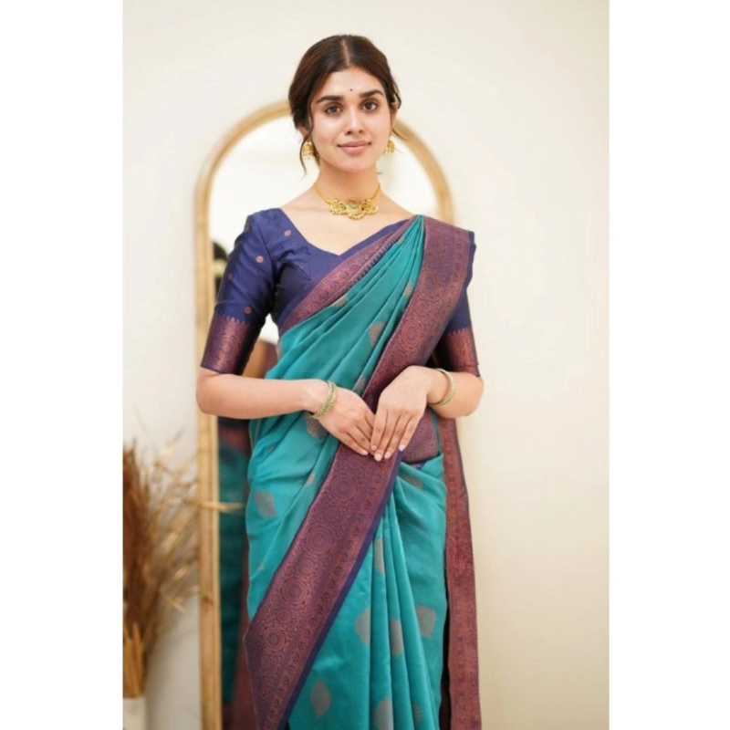 Women's Silk Printed Saree With Unstitched Blouse 5.5Mtr (Rama) Women's Silk Printed Saree With Unstitched Blouse 5.5Mtr (Rama)