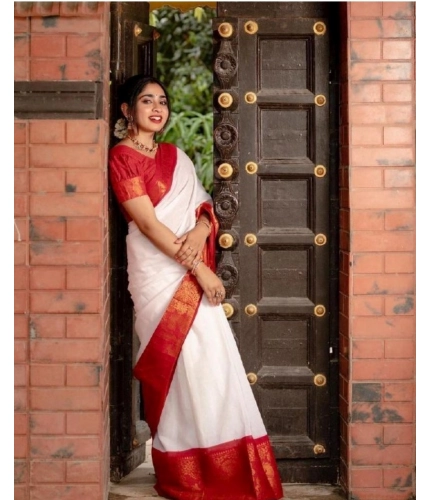 Generic Women's Silk Printed Saree With Unstitched Blouse 5.5Mtr (White)