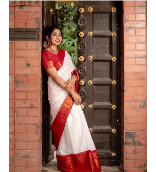 Generic Women's Silk Printed Saree With Unstitched Blouse 5.5Mtr (White)