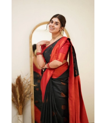 Generic Women's Silk Printed Saree With Unstitched Blouse 5.5Mtr (Black)