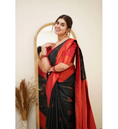 Generic Women's Silk Printed Saree With Unstitched Blouse 5.5Mtr (Black)