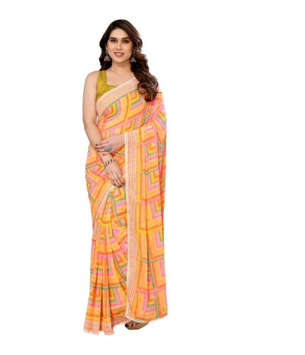 Generic Women's Small Lace Georgette Printed Ready-to-Wear Saree With Unstitched Blouse 5.5 Mtr (Yellow)