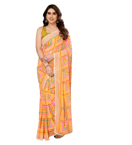 Generic Women's Small Lace Georgette Printed Ready-to-Wear Saree With Unstitched Blouse 5.5 Mtr (Yellow)