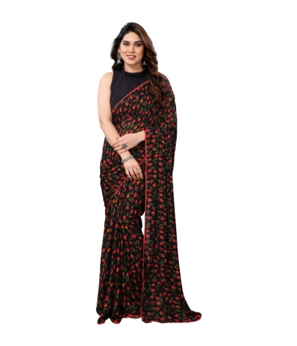 Generic Women's Small Lace Georgette Printed Ready-to-Wear Saree With Unstitched Blouse 5.5 Mtr (Black)