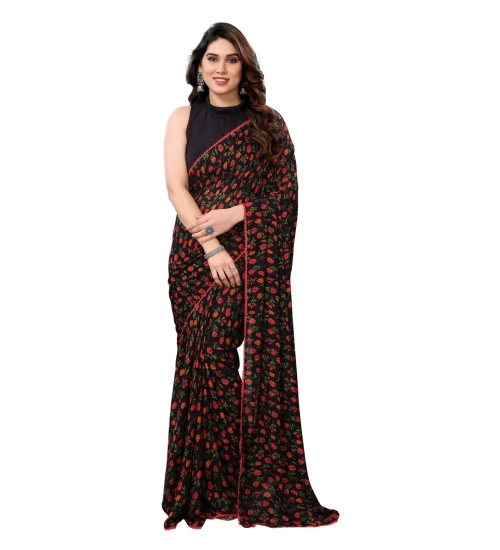 Generic Women's Small Lace Georgette Printed Ready-to-Wear Saree With Unstitched Blouse 5.5 Mtr (Black)