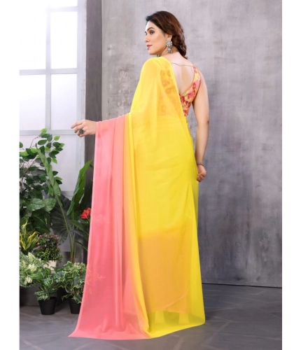 Generic Women's Small Lace Georgette Solid Ready-to-Wear Saree With Unstitched Blouse 5.5 Mtr (Pink-Yellow)