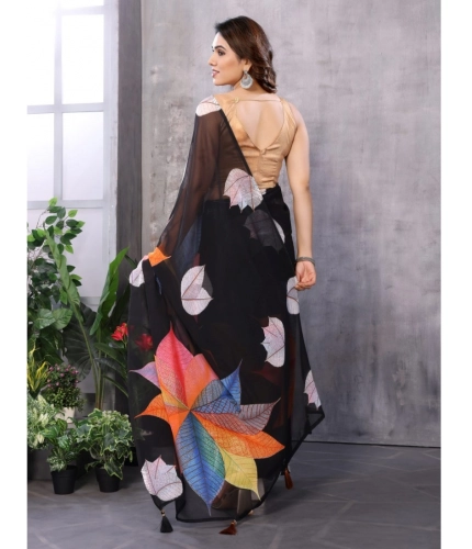 Generic Women's Small Lace Georgette Printed Ready-to-Wear Saree With Unstitched Blouse 5.5 Mtr (Black)