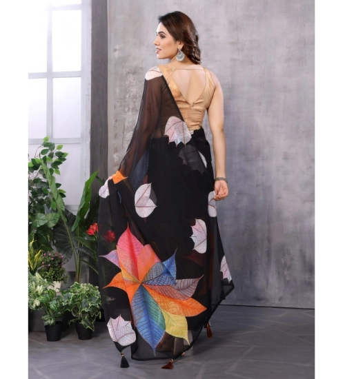 Generic Women's Small Lace Georgette Printed Ready-to-Wear Saree With Unstitched Blouse 5.5 Mtr (Black)