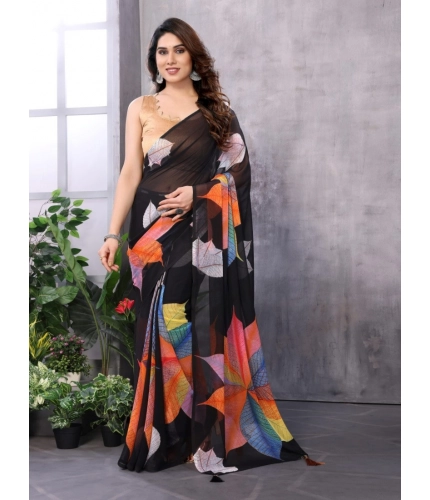 Generic Women's Small Lace Georgette Printed Ready-to-Wear Saree With Unstitched Blouse 5.5 Mtr (Black)