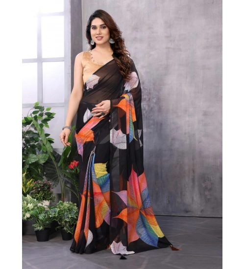 Generic Women's Small Lace Georgette Printed Ready-to-Wear Saree With Unstitched Blouse 5.5 Mtr (Black)