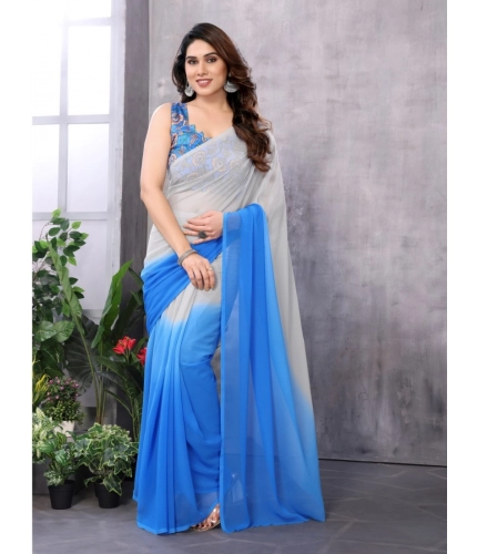 Generic Women's Small Lace Georgette Solid Ready-to-Wear Saree With Unstitched Blouse 5.5 Mtr (Grey-Blue)