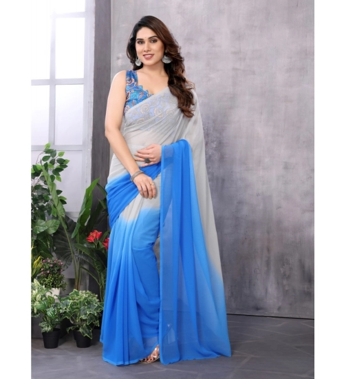 Generic Women's Small Lace Georgette Solid Ready-to-Wear Saree With Unstitched Blouse 5.5 Mtr (Grey-Blue)