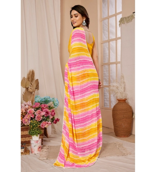 Generic Women's Small Lace Georgette Striped Ready-to-Wear Saree With Unstitched Blouse 5.5 Mtr (Yellow-Pink)