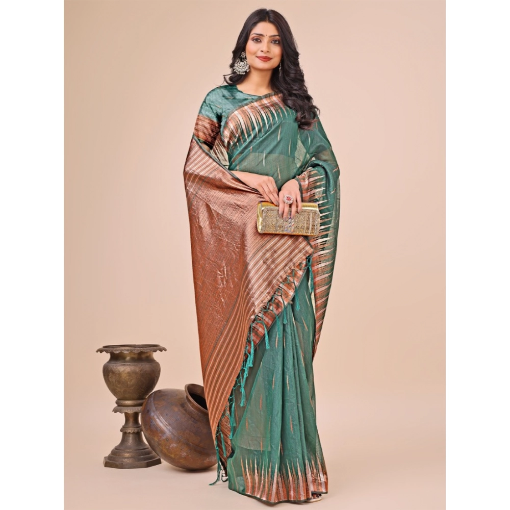 Generic Women's Linen Cotton Wevon Jacquard Saree With Unstitched Blouse 5.5Mtr (Green)