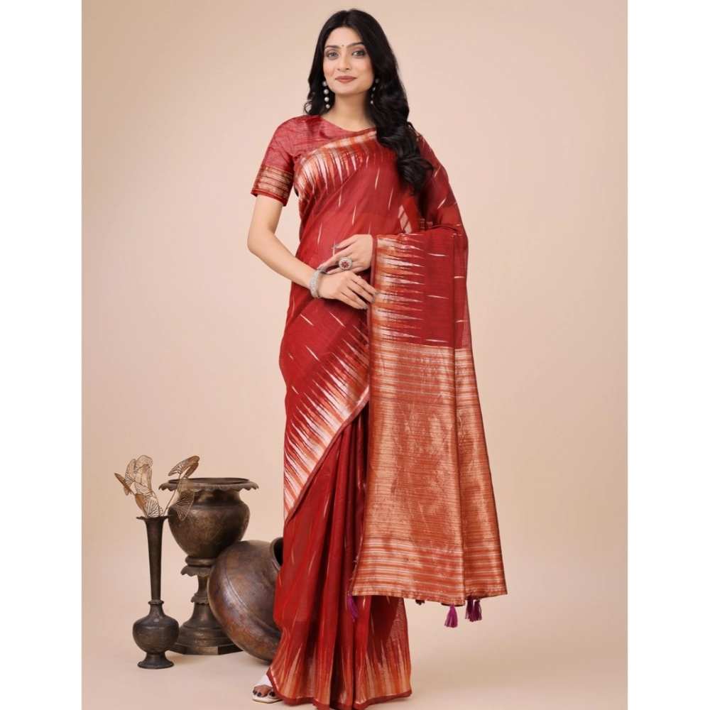 Generic Women's Linen Cotton Wevon Jacquard Saree With Unstitched Blouse 5.5Mtr (Red)