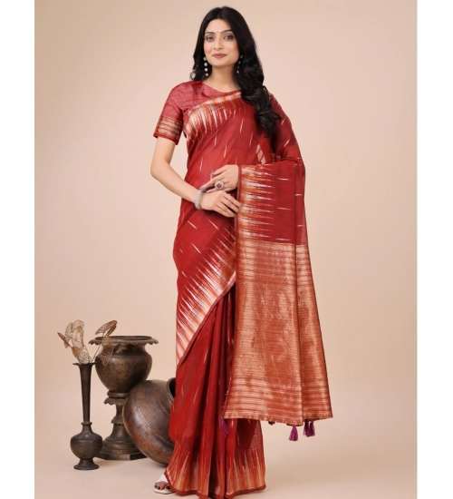 Generic Women's Linen Cotton Wevon Jacquard Saree With Unstitched Blouse 5.5Mtr (Red)