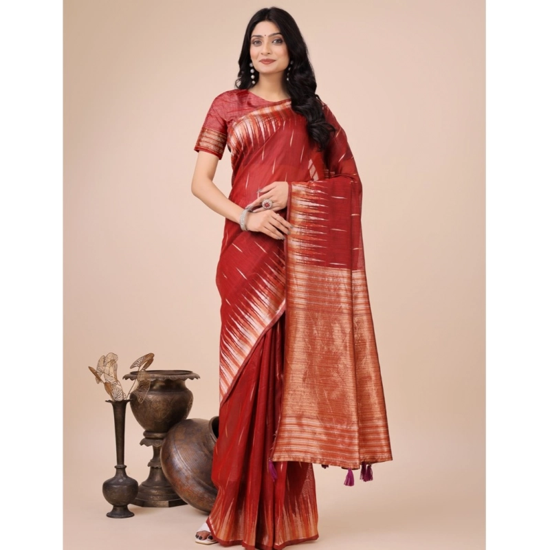 Women's Linen Cotton Wevon Jacquard Saree With Unstitched Blouse 5.5Mtr (Red) Women's Linen Cotton Wevon Jacquard Saree With Unstitched Blouse 5.5Mtr (Red)