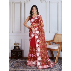 Generic Women's Soft Net Thread Embroidery Saree With Unstitched Blouse 5.5Mtr (Maroon)