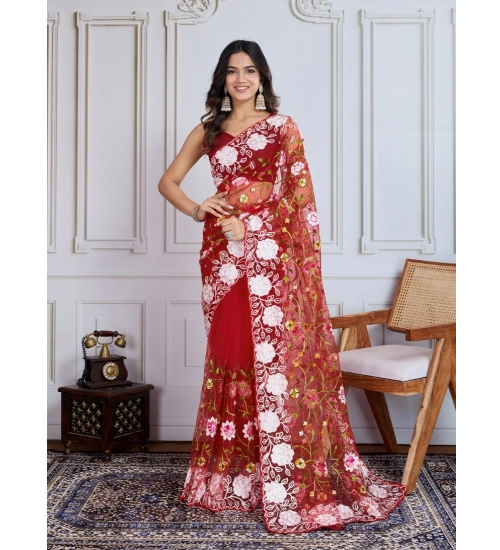 Generic Women's Soft Net Thread Embroidery Saree With Unstitched Blouse 5.5Mtr (Maroon)