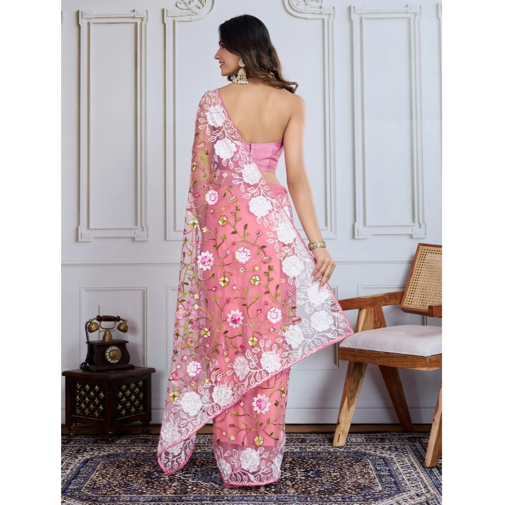 Generic Women's Soft Net Thread Embroidery Saree With Unstitched Blouse 5.5Mtr (Light Pink)