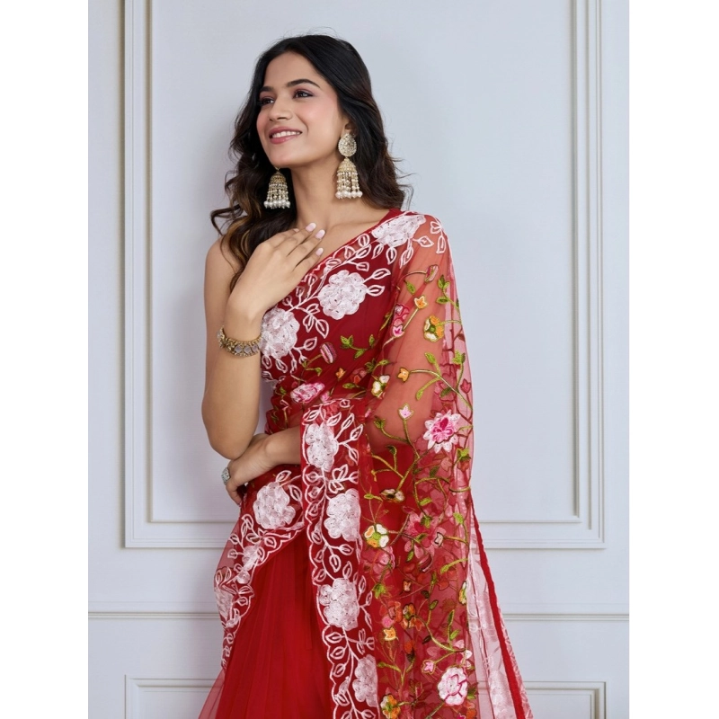 Women's Soft Net Thread Embroidery Saree With Unstitched Blouse 5.5Mtr (Maroon) Women's Soft Net Thread Embroidery Saree With Unstitched Blouse 5.5Mtr (Maroon)