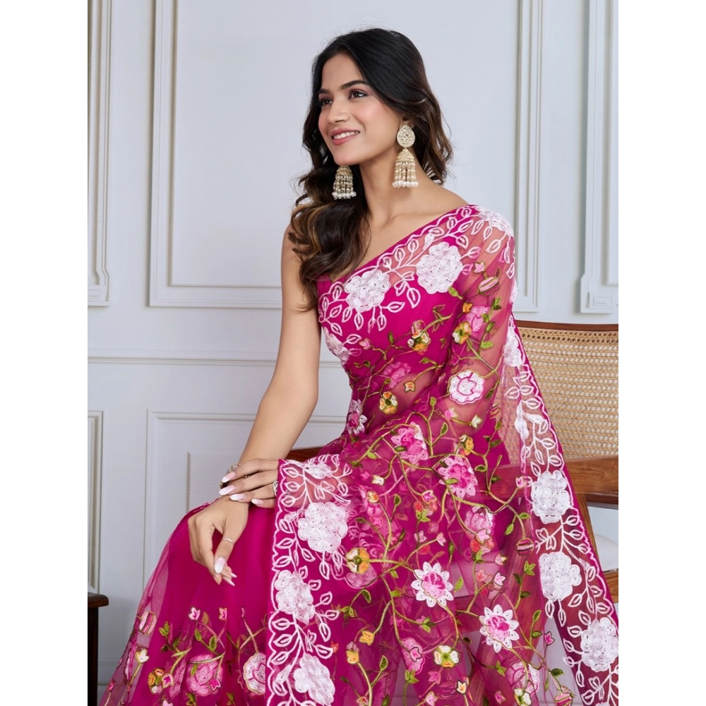 Generic Women's Soft Net Thread Embroidery Saree With Unstitched Blouse 5.5Mtr (Dark Pink)