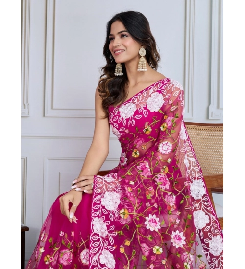 Generic Women's Soft Net Thread Embroidery Saree With Unstitched Blouse 5.5Mtr (Dark Pink)