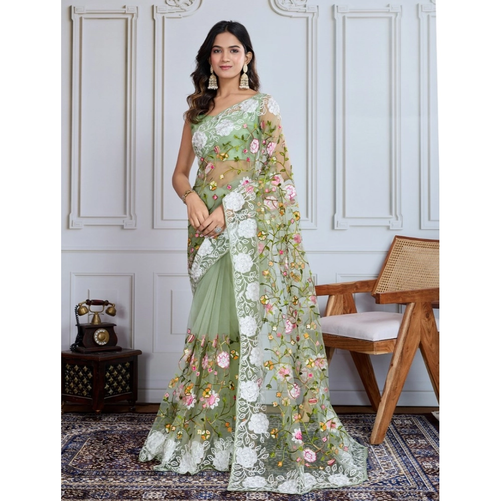 Generic Women's Soft Net Thread Embroidery Saree With Unstitched Blouse 5.5Mtr (Pista)