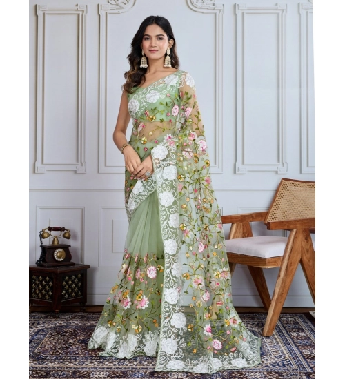 Generic Women's Soft Net Thread Embroidery Saree With Unstitched Blouse 5.5Mtr (Pista)