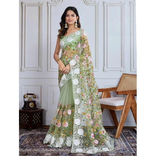 Generic Women's Soft Net Thread Embroidery Saree With Unstitched Blouse 5.5Mtr (Pista)