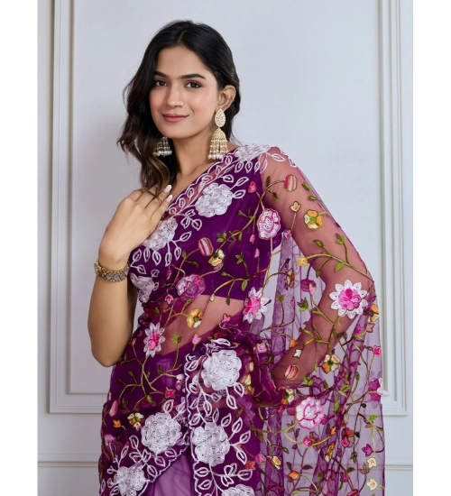 Generic Women's Soft Net Thread Embroidery Saree With Unstitched Blouse 5.5Mtr (Purple)