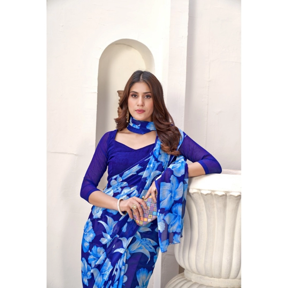 Generic Women's Polyster Printed Saree With Unstitched Blouse 5.5Mtr (Blue)
